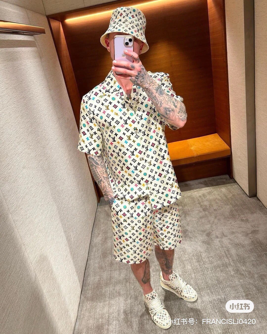 LV Monogram Printed Short-Sleeved Silk Shirt+Monogram Printed Silk Shorts