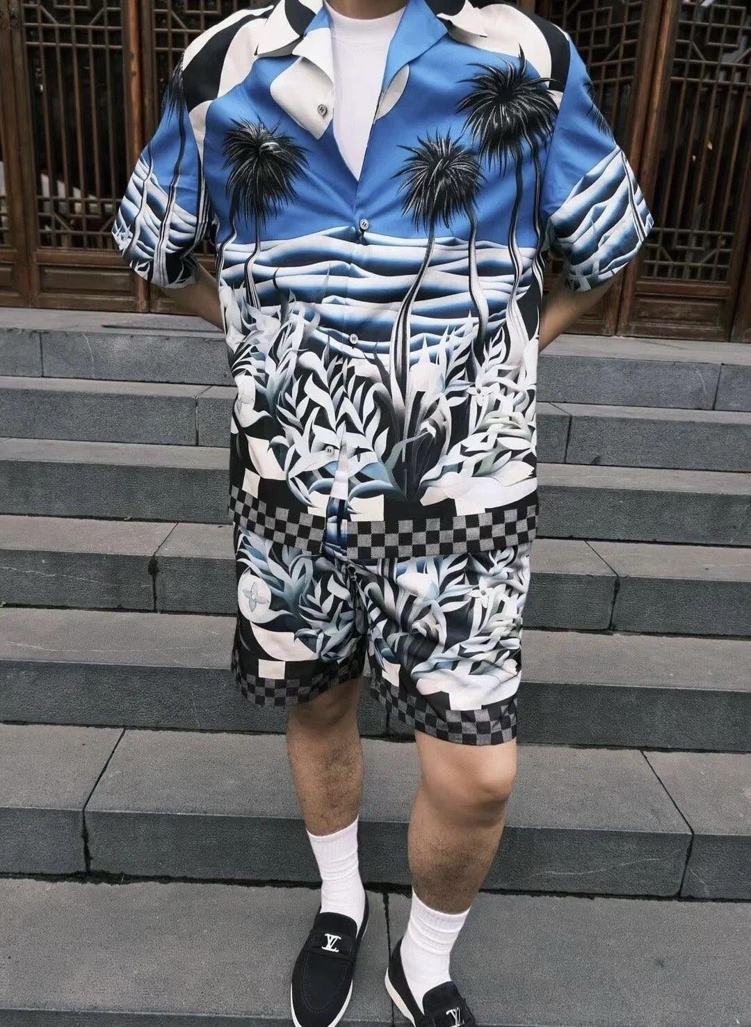 LV Printed Short-Sleeved Cotton Shirt+Technical Cotton Jersey Shorts