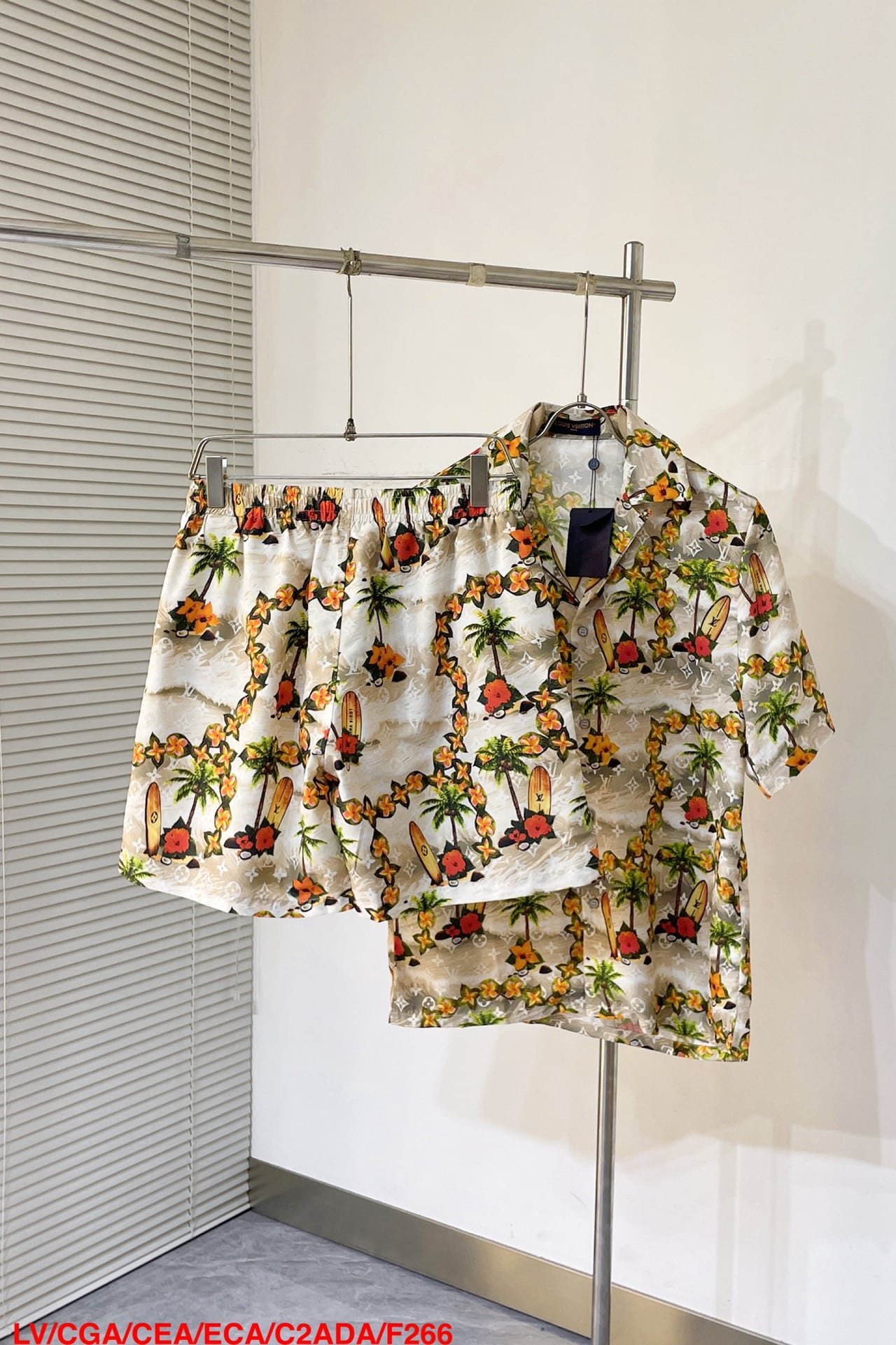 LV Monogram Short-Sleeved Silk Shirt +Monogram Silk Drawstring Shorts