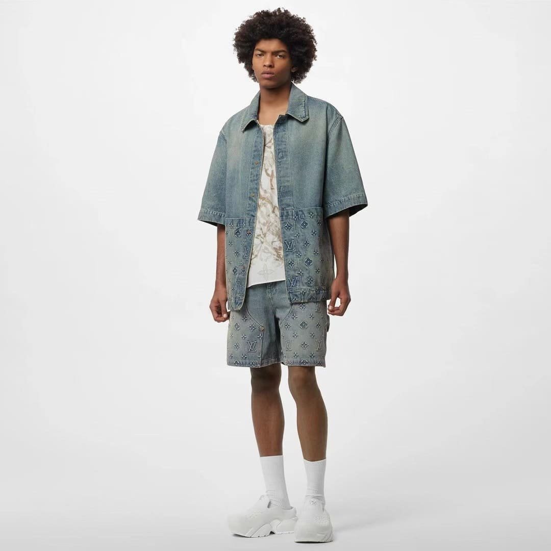 LV Short-Sleeved Denim Workwear Shirt+shorts