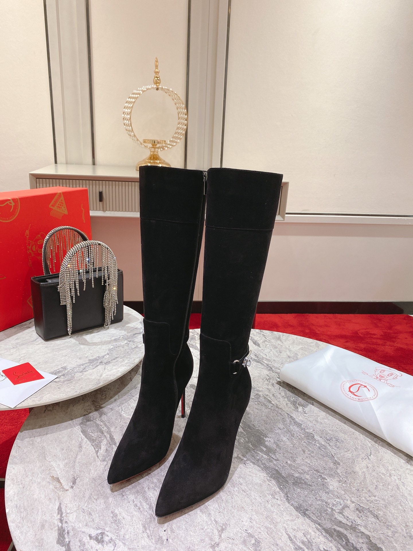 Christian Louboutin red-soled long boots suede