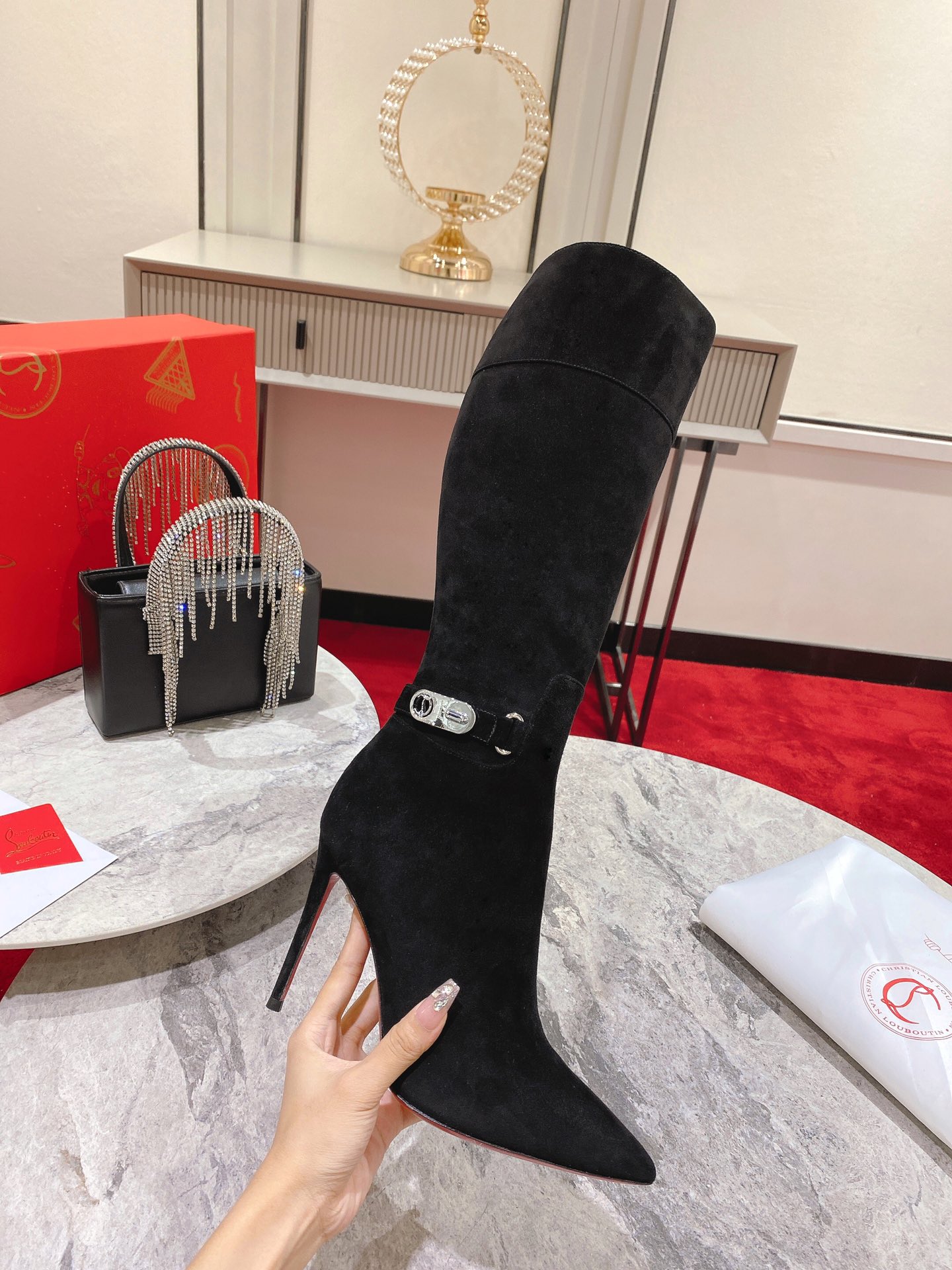 Christian Louboutin red-soled long boots suede