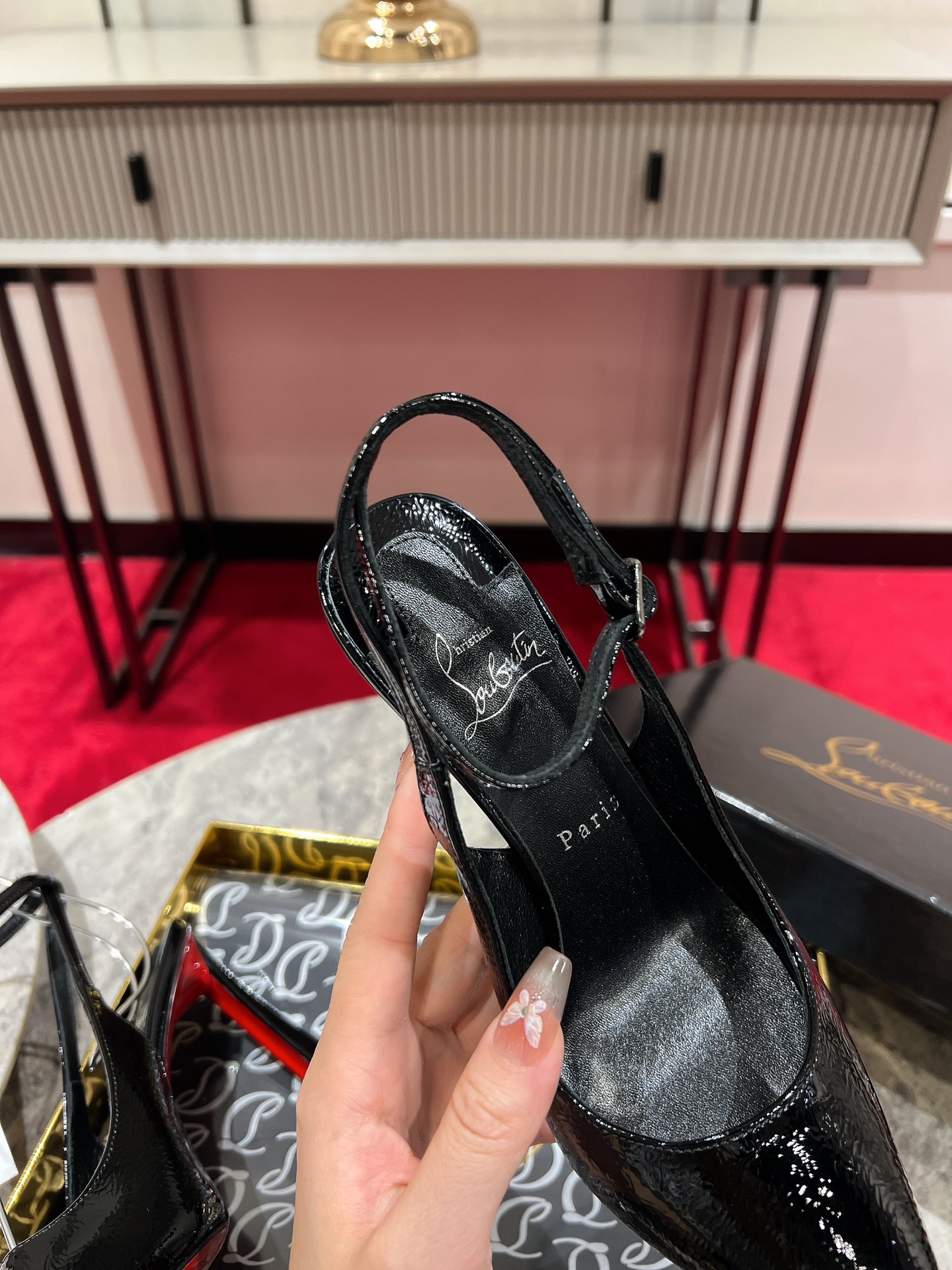 Louboutin Condora Strap 100 mm Strappy pumps - Vog patent leather - Loubi - Women Black lamb leather