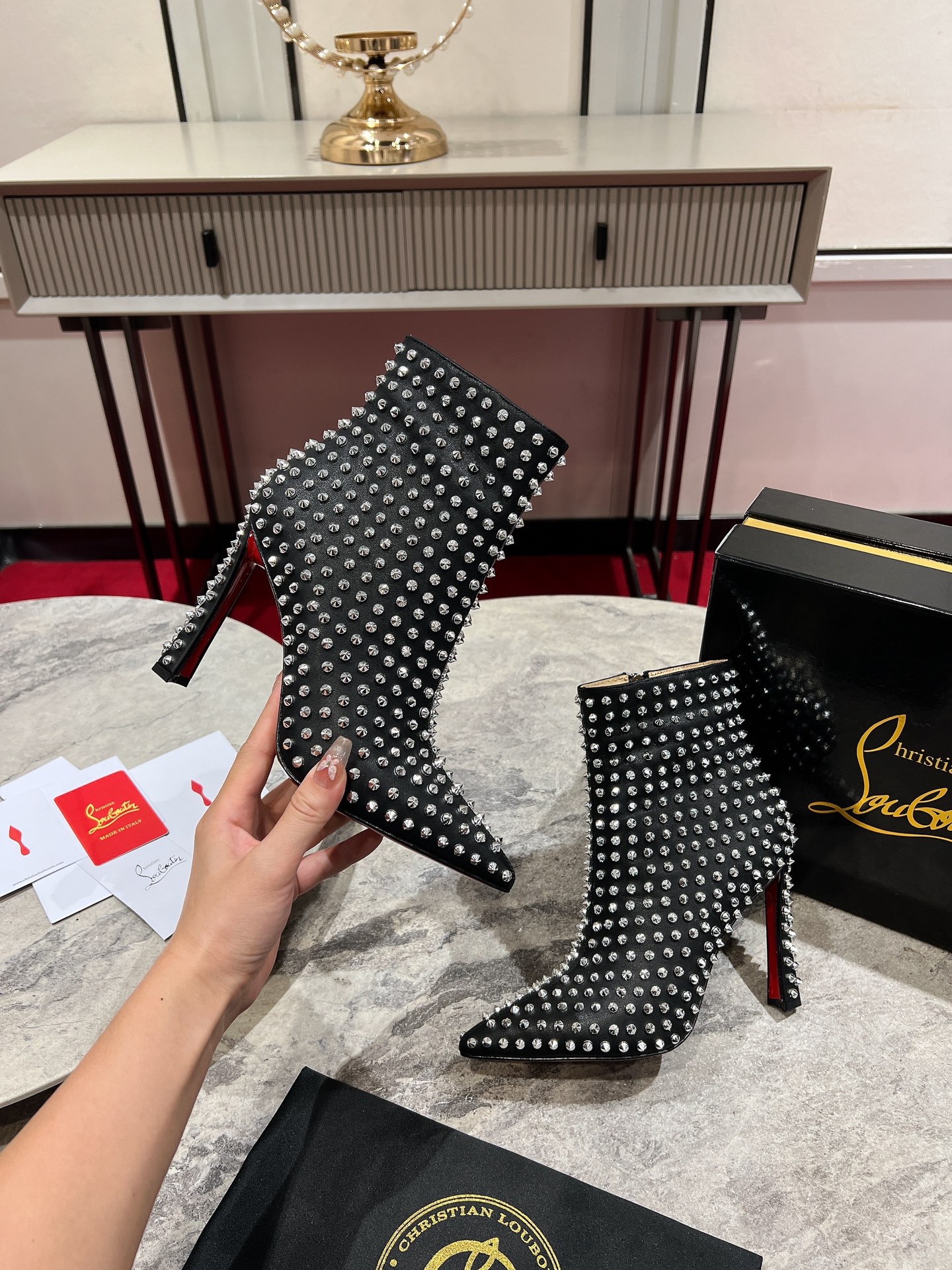 Louboutin Condora Booty Spikes 100 mm Low Boots - Nappa leather and silver spikes - Black - Women