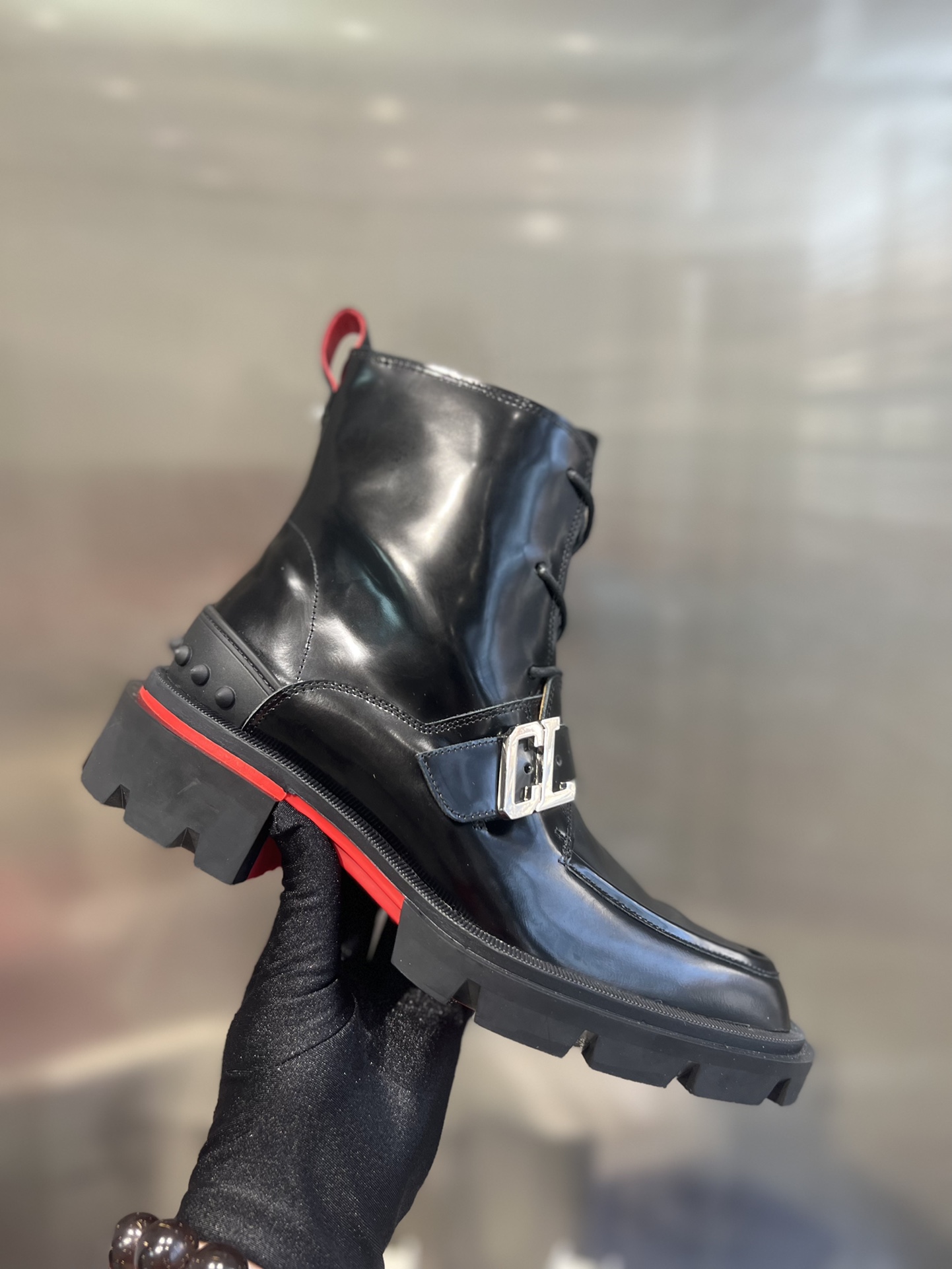 Christian Louboutin Mens Our Georges Boot Smooth Patent Leather Black