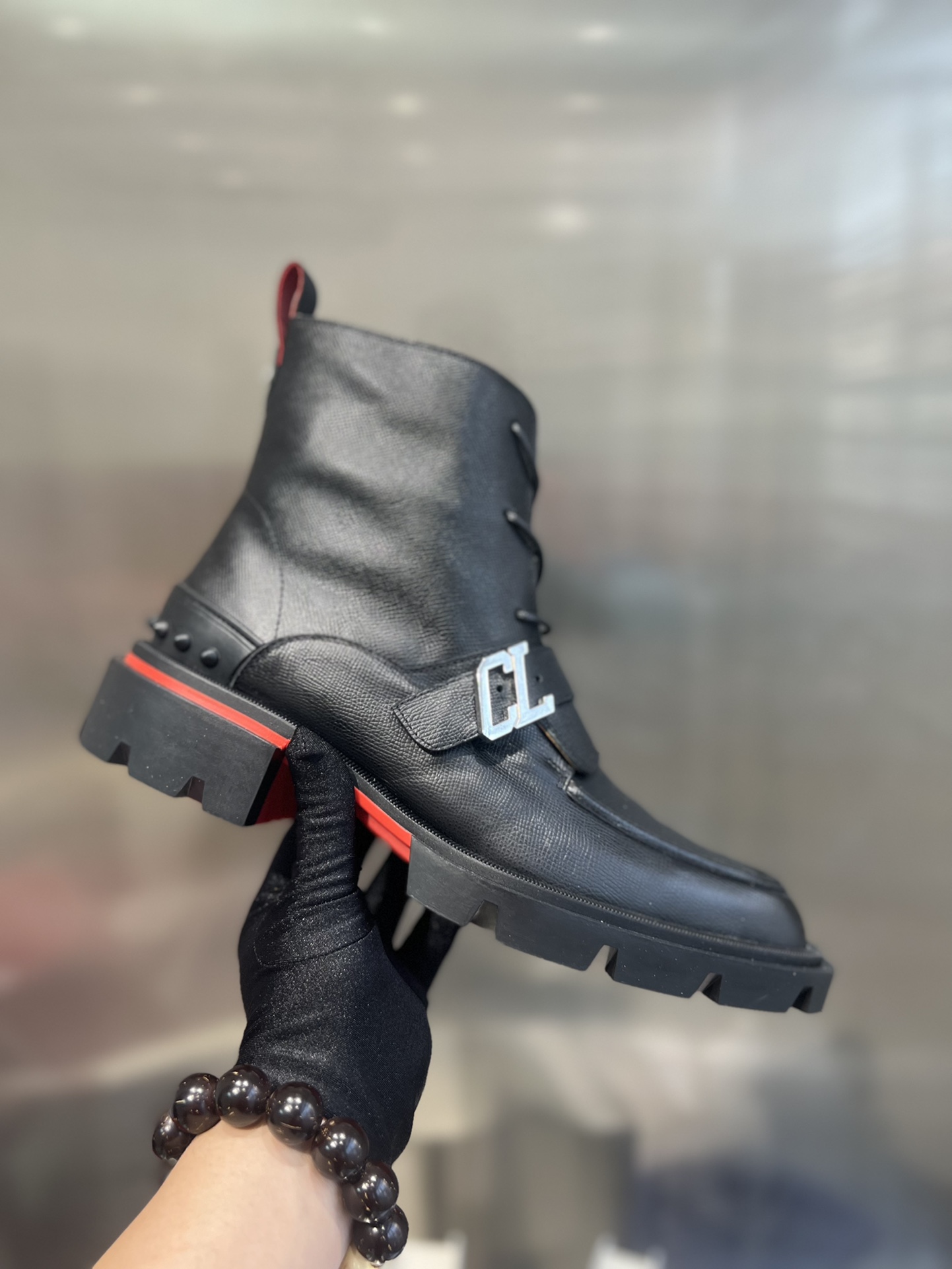 Christian Louboutin Mens Our Georges Red Sole Textured Leather Combat Boots