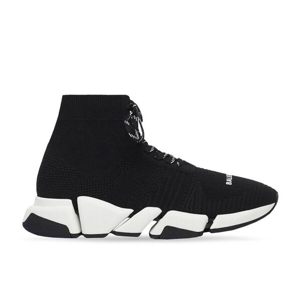 BALENCIAGA MEN S SPEED 2.0 LACE-UP RECYCLED KNIT SNEAKER IN BLACK/WHITE   BLA033