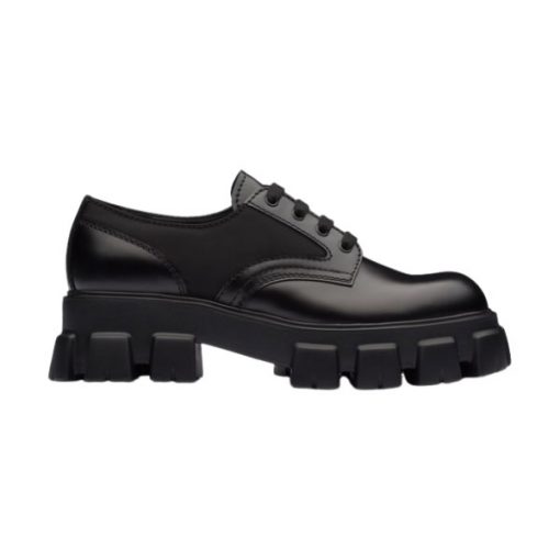 PRADA MONOLITH BRUSHED LEATHER AND NYLON LACE-UP SHOES   PRS068