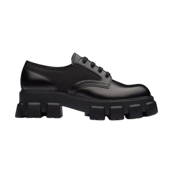PRADA MONOLITH BRUSHED LEATHER AND NYLON LACE-UP SHOES   PRS068