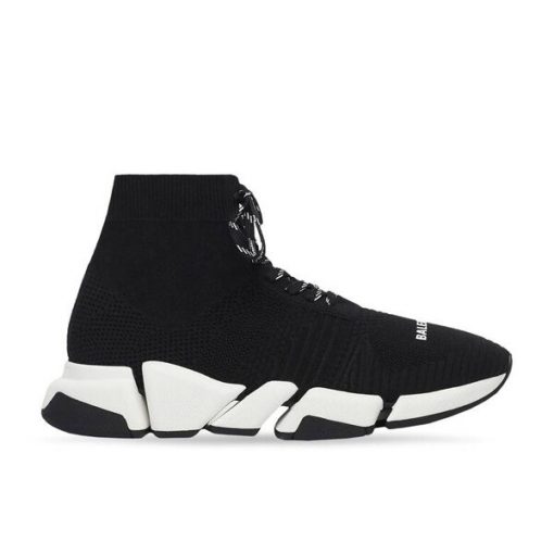 BALENCIAGA MEN S SPEED 2.0 LACE-UP RECYCLED KNIT SNEAKER IN BLACK/WHITE   BLA033