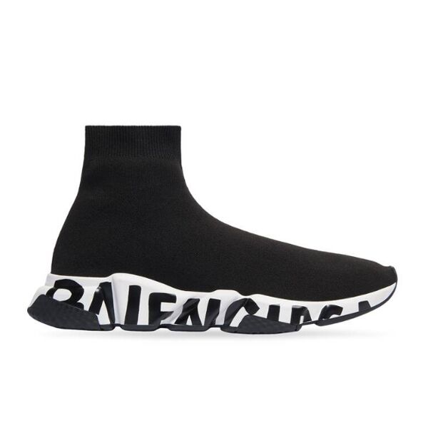 BALENCIAGA SPEED RECYCLED KNIT GRAFFITI SNEAKER IN BLACK/WHITE   BLA051