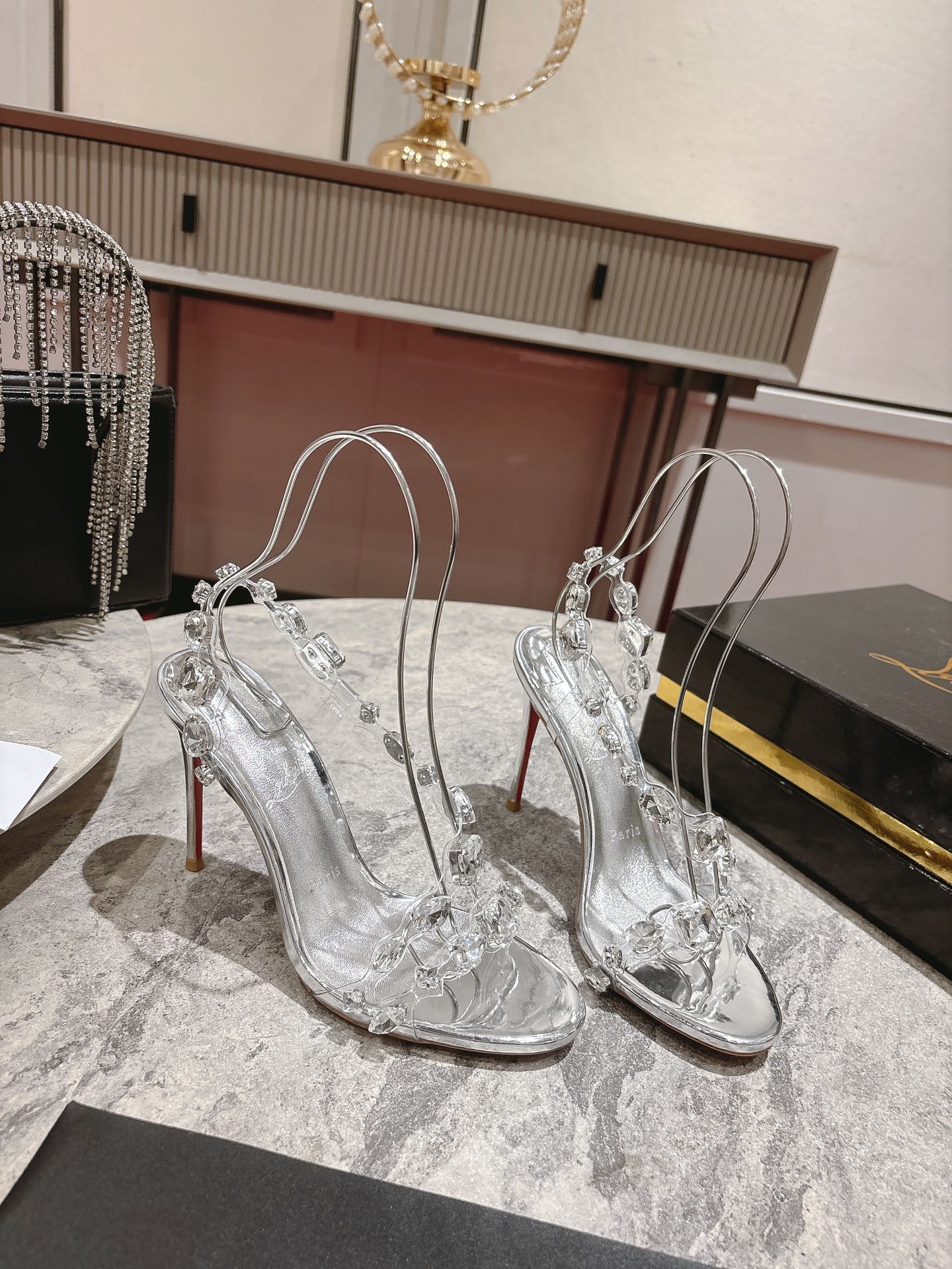 Louboutin Rosalie Jewel 100 mm Sandals - TPU and Laminated calf leather - Crystal - Women