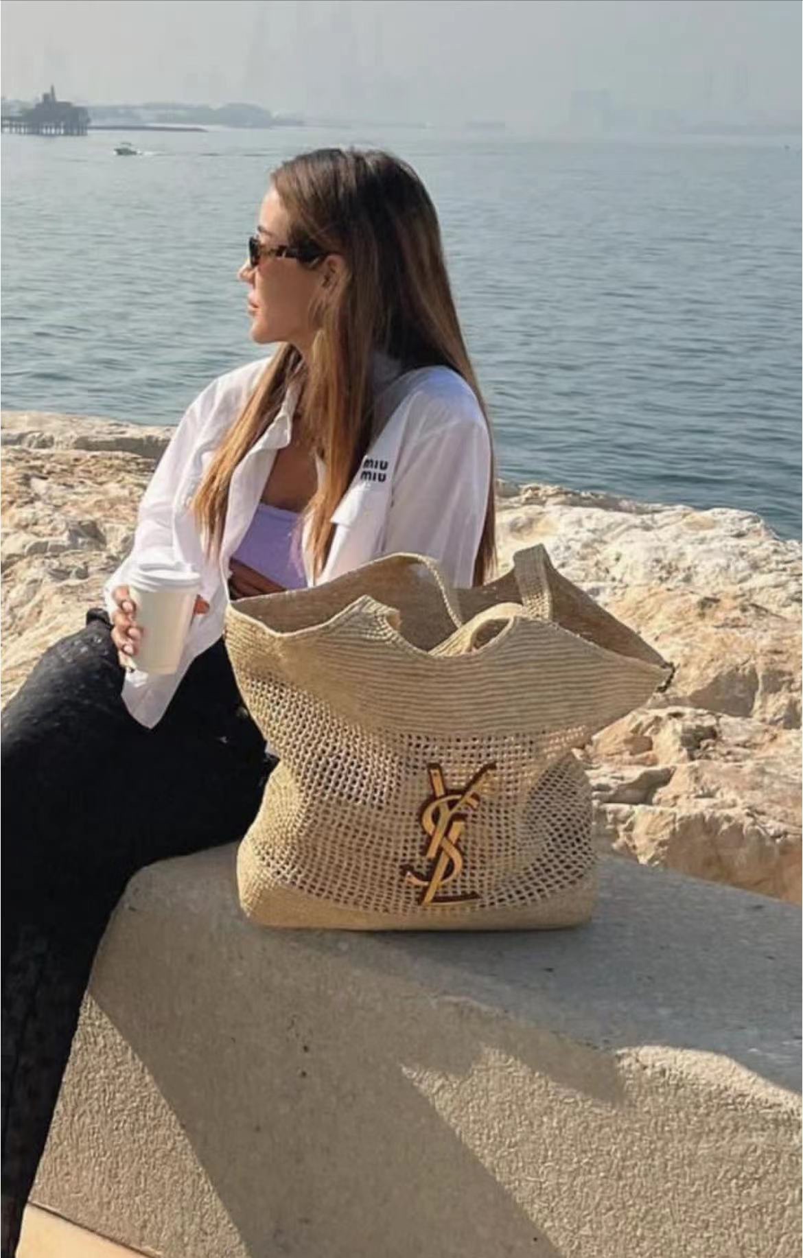 Saint Laurent Icare in Raffia Naturel/Brown Gold