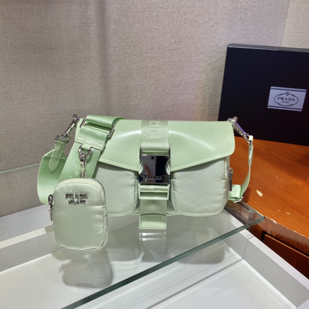 Prada 1BD295 Re-Nylon and Glossy Leather Shoulder Bag