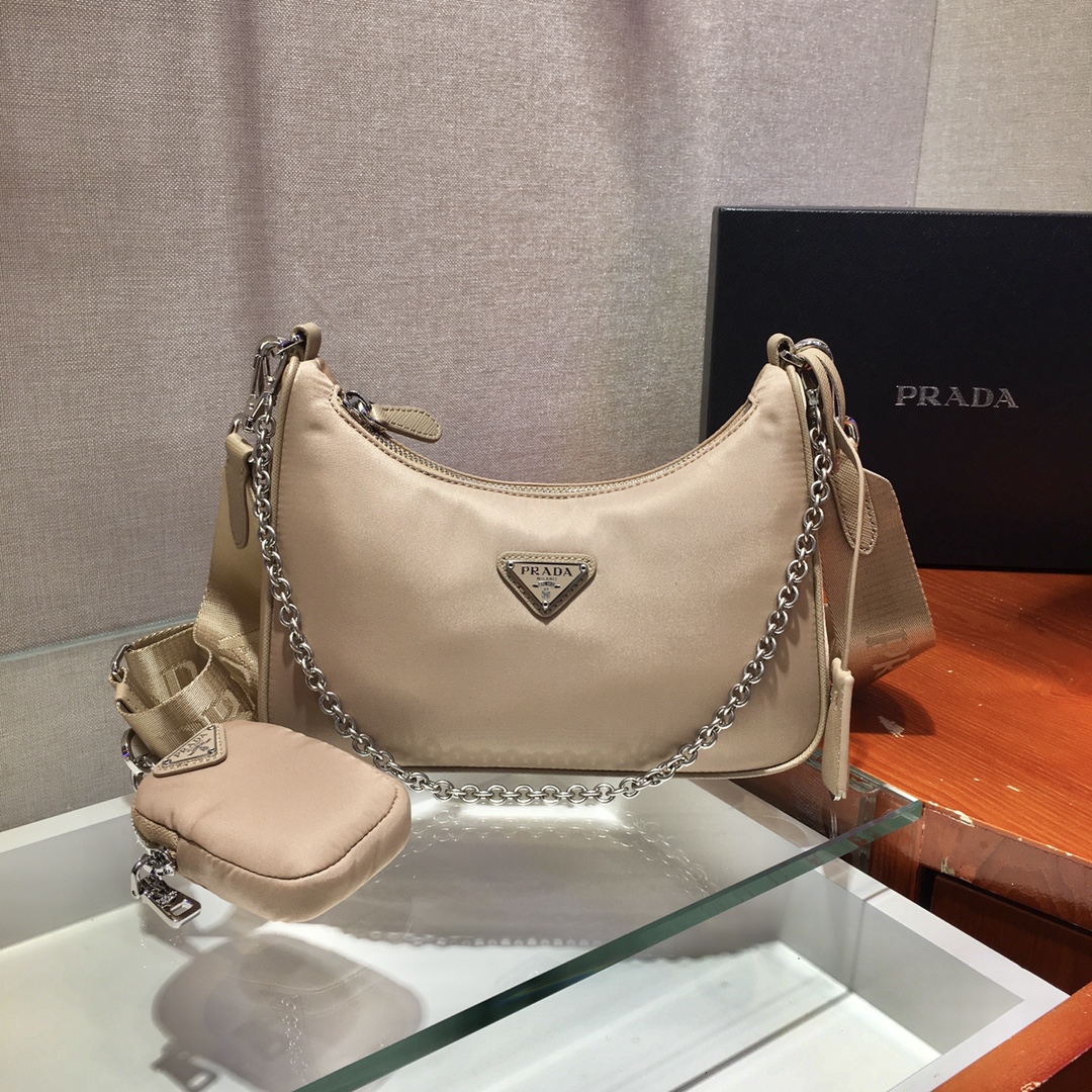 Prada 1BH204 Hobo Bag - Milk Tea Color 3-in-1 Handheld/Underarm/Crossbody Bag