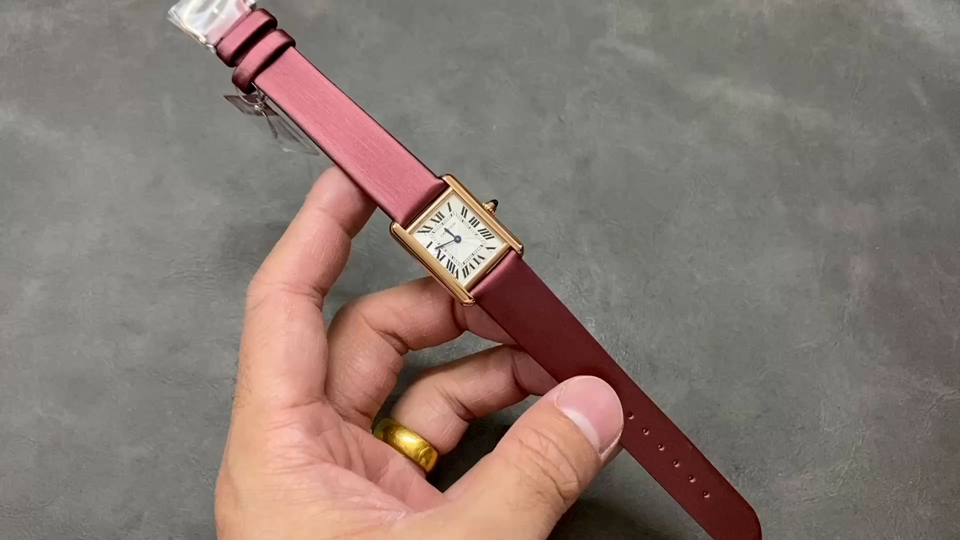 Cartier Tank WGTA0011 (Small) Watch – 22mm Red Gold Case with Silk Strap and Silver Dial