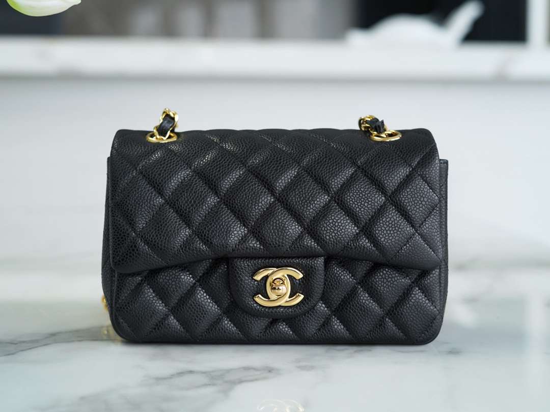 CHANEL CF Classic Flap | Grained Leather Mini, Black & Gold