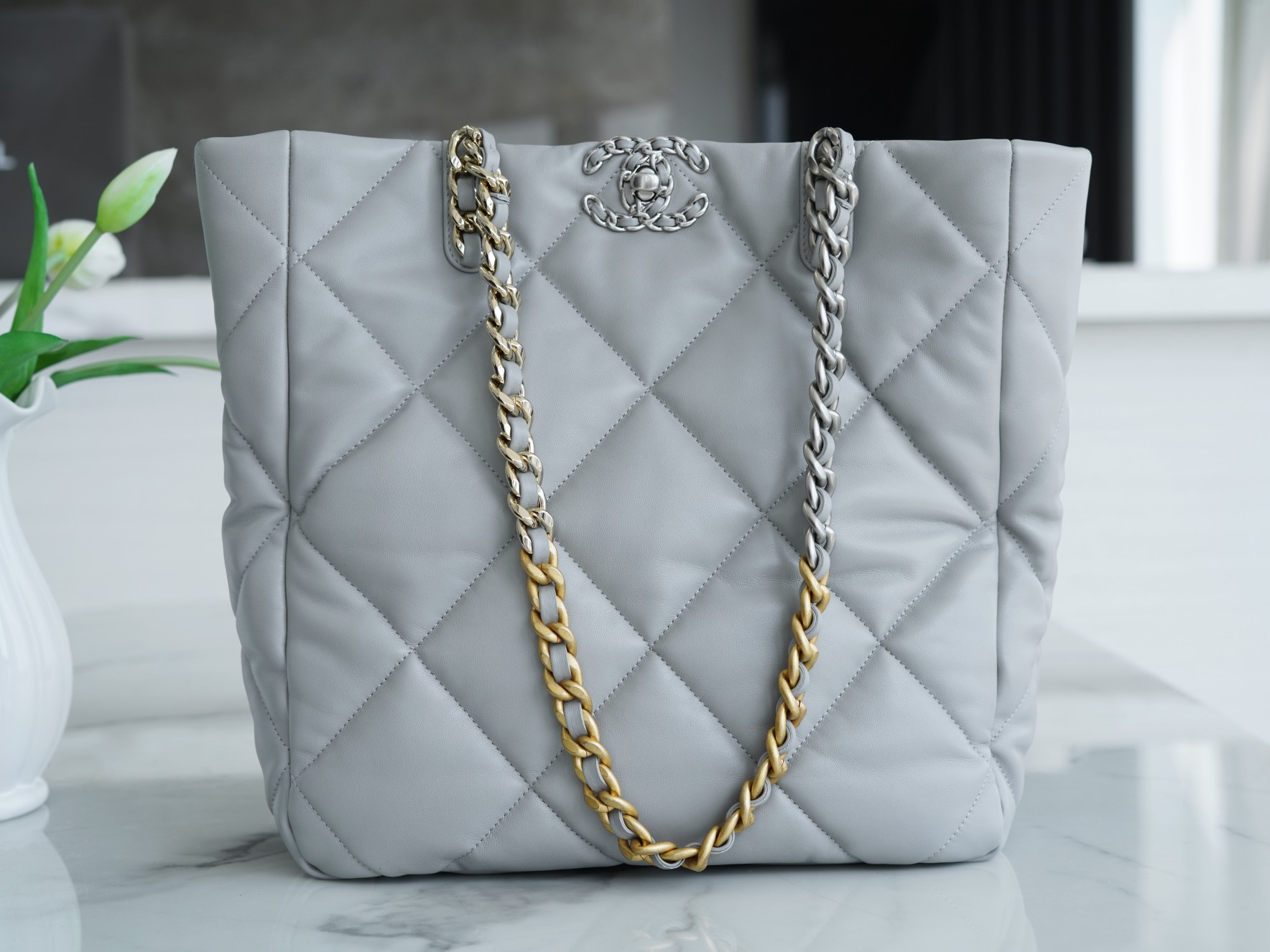 CHANEL 22B 19 BAG Tote, Light Gray/Silver, Premium Leather