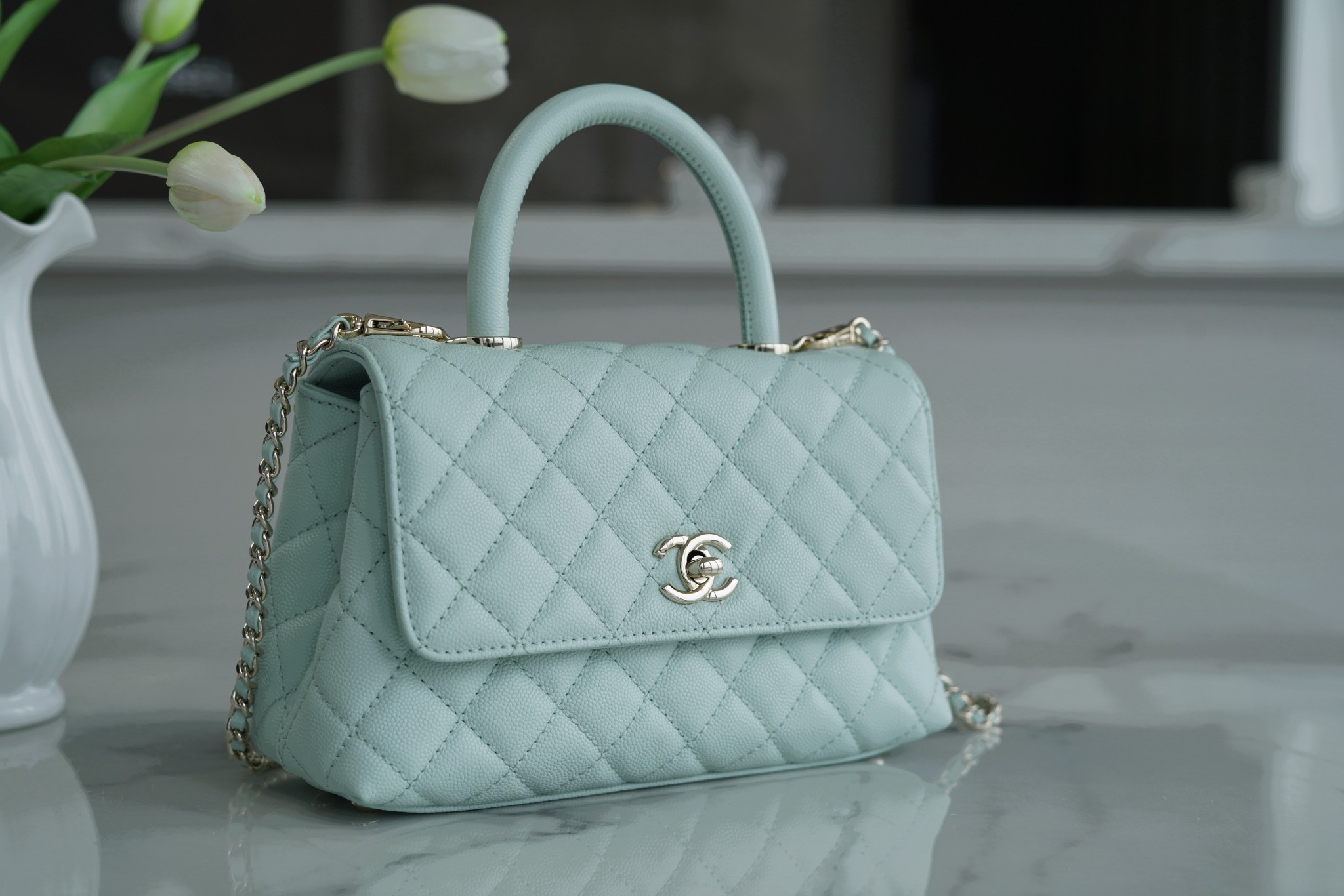 CHANEL Coco Handle, New Leather Handle, Small Size, Baby Blue