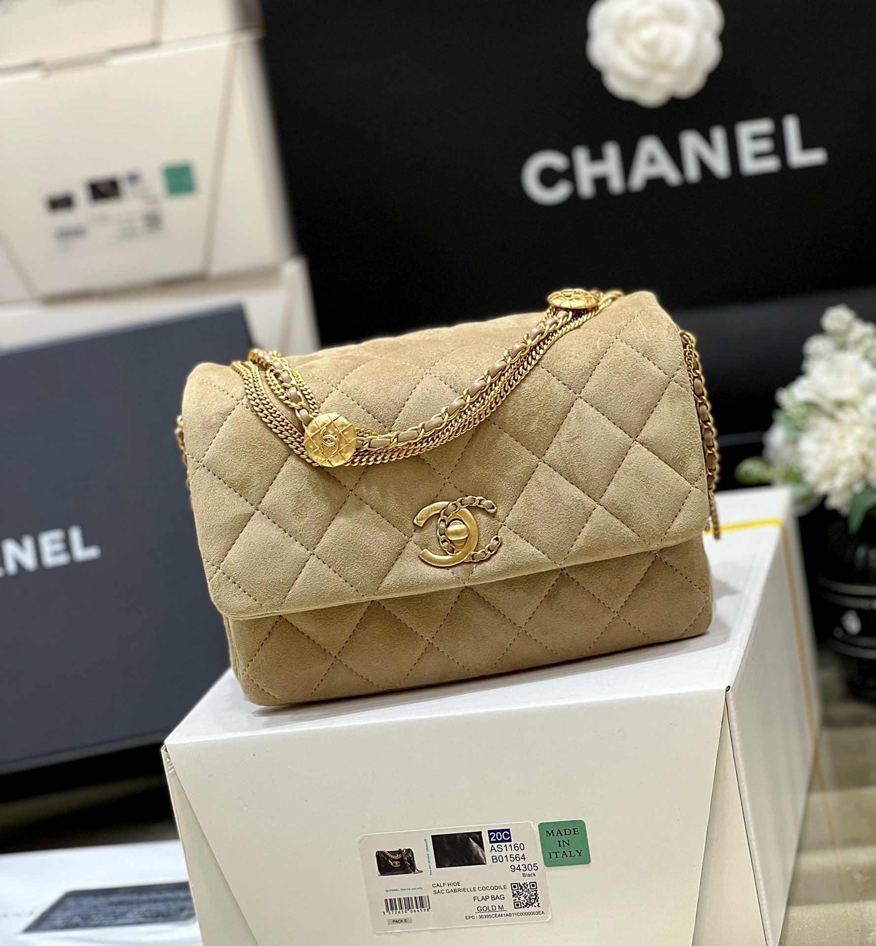 CHANEL Gold-Tone Quilted Suede Effect Goat Leather Flap Bag in Khaki
