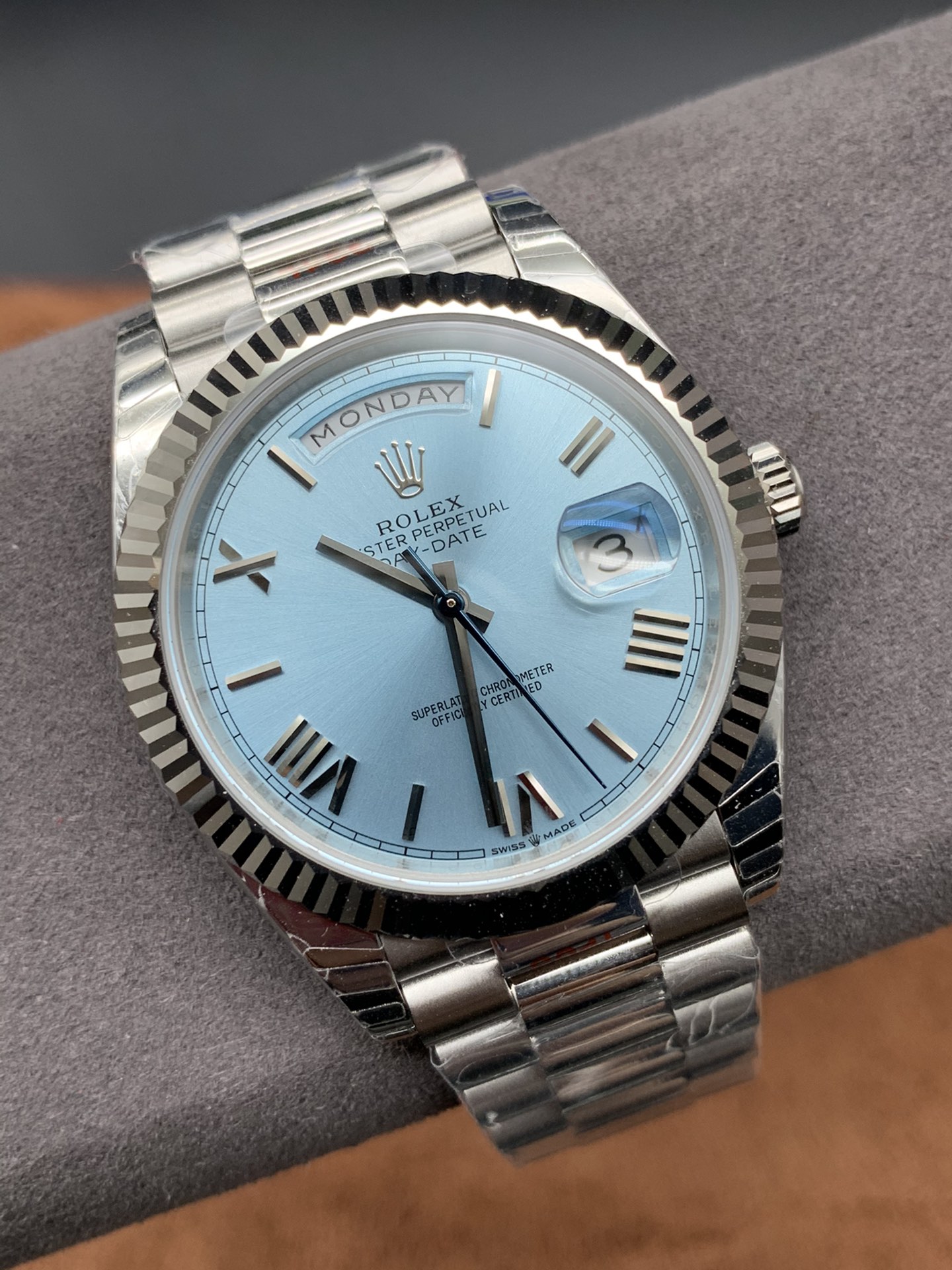 Rolex Day-Date — Ice Blue Roman Dial | 904L Steel | Replicated 3255 Movement