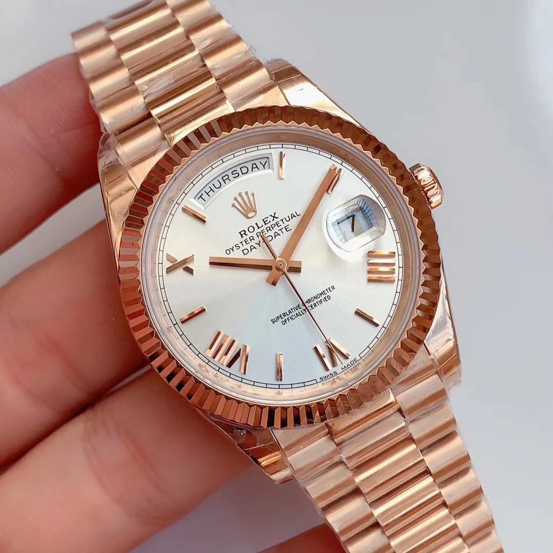 Rolex Day-Date— White Roman Dial, Everose Gold | Replicated 3255 Movement | 904L Steel
