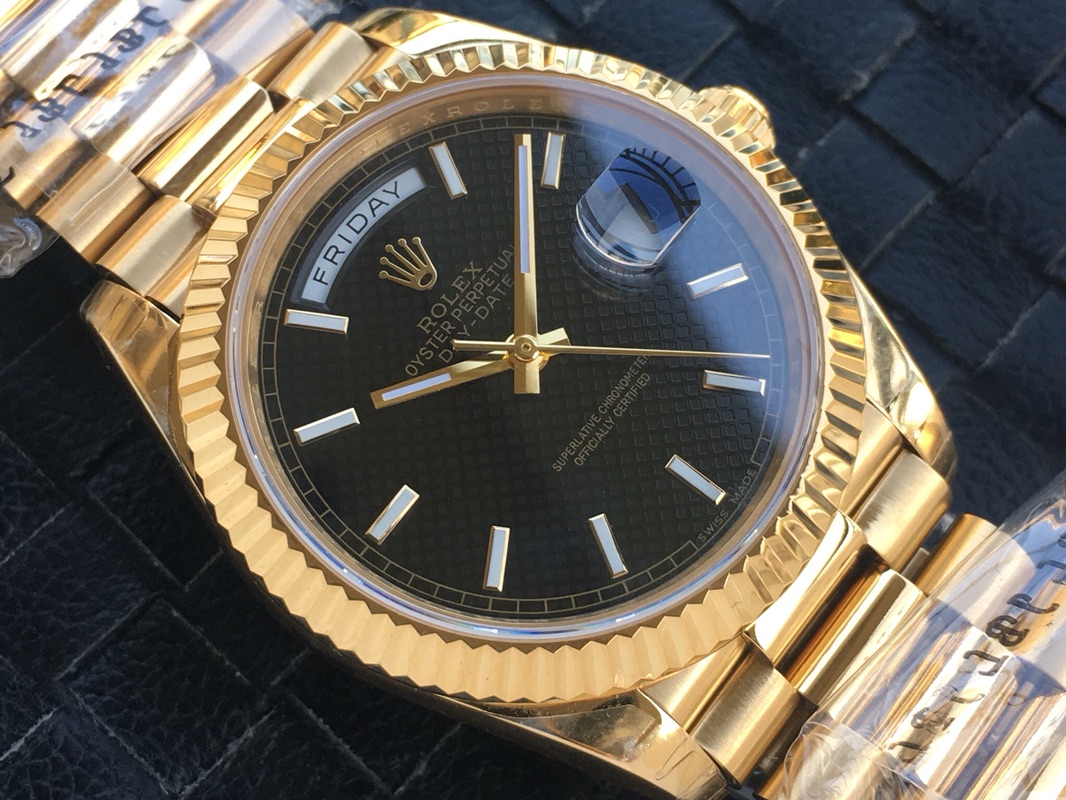 Rolex Day-Date  — Black Gold Dial | Replicated 3255 Movement | 904L Oystersteel