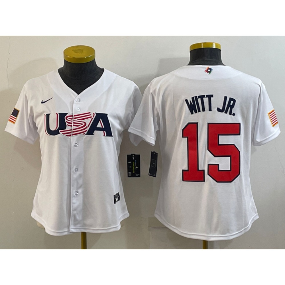 Women's USA Baseball #15 Bobby Witt Jr. 2023 White World Baseball Classic Stitched Jersey(Run Small)