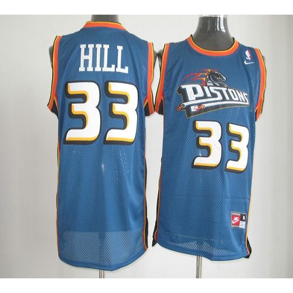 Pistons #33 Hill Blue  Throwback Stitched NBA Jersey