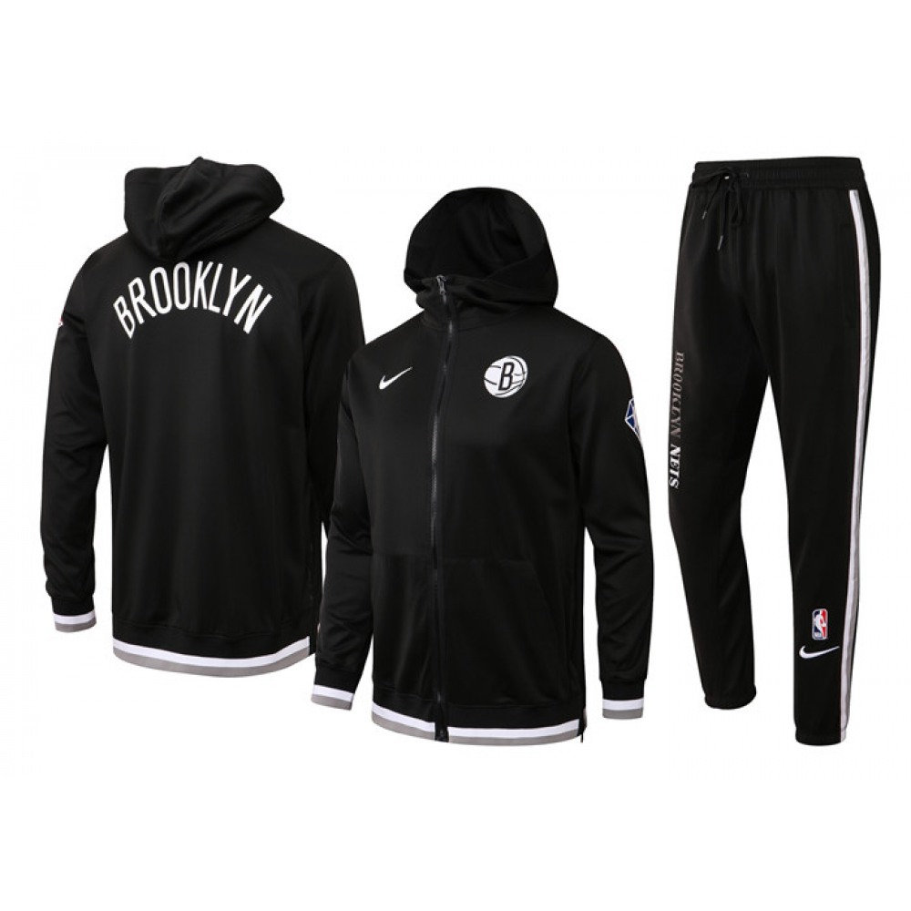 Men's Brooklyn Nets 75th Anniversary Black Performance Showtime Full-Zip Hoodie Jacket And Pants   Suit