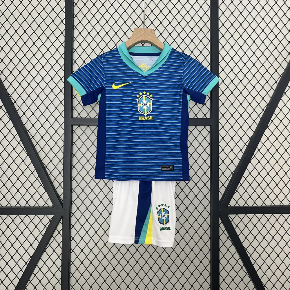 Brazil Away Soccer Uniform Kids Kit Jersey+Shorts Copa America 2024