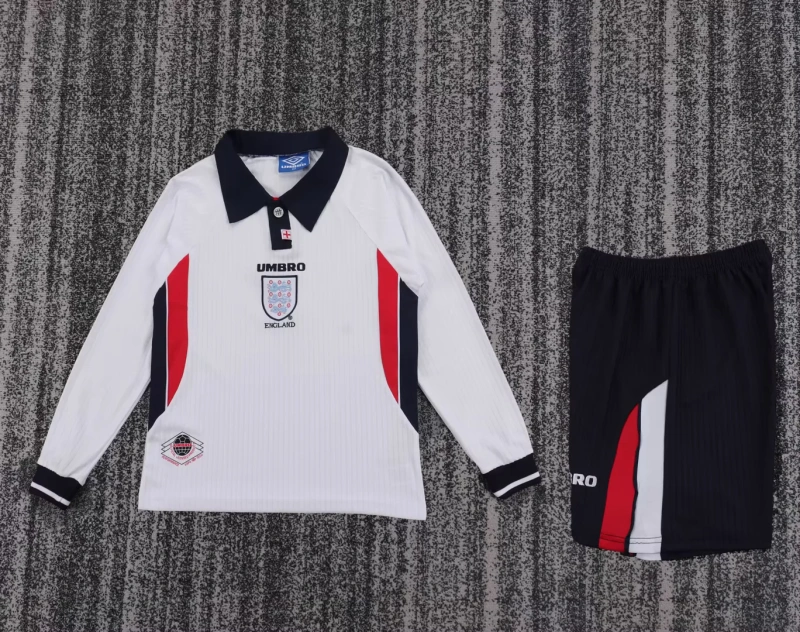 England Retro Soccer Jersey Home Kids Kit Jersey+Shorts Long Sleeve World Cup 1998