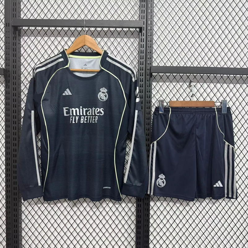 Real Madrid Soccer Jersey Away Kids Long Sleeve Kit Jersey+Shorts 2025/26