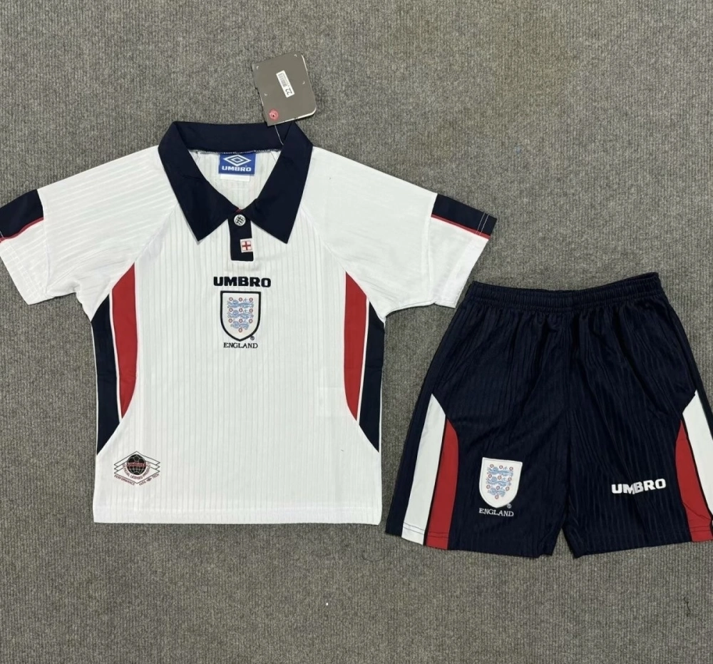 England Retro Soccer Jersey Home Kids Kit Jersey+Shorts World Cup 1998