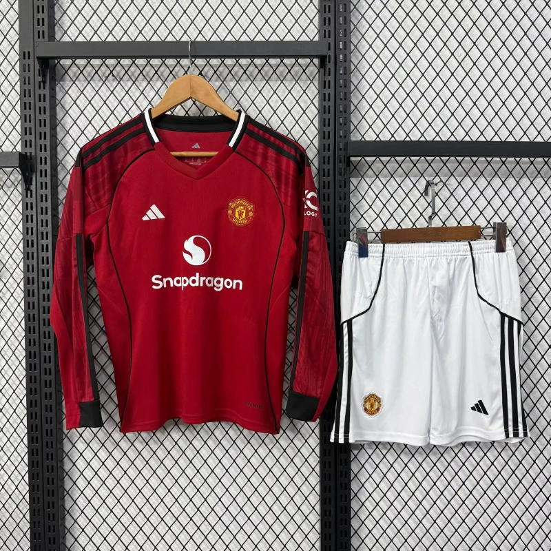 Manchester United Home Kids Long Sleeve Kit Jersey+Shorts 2025/26