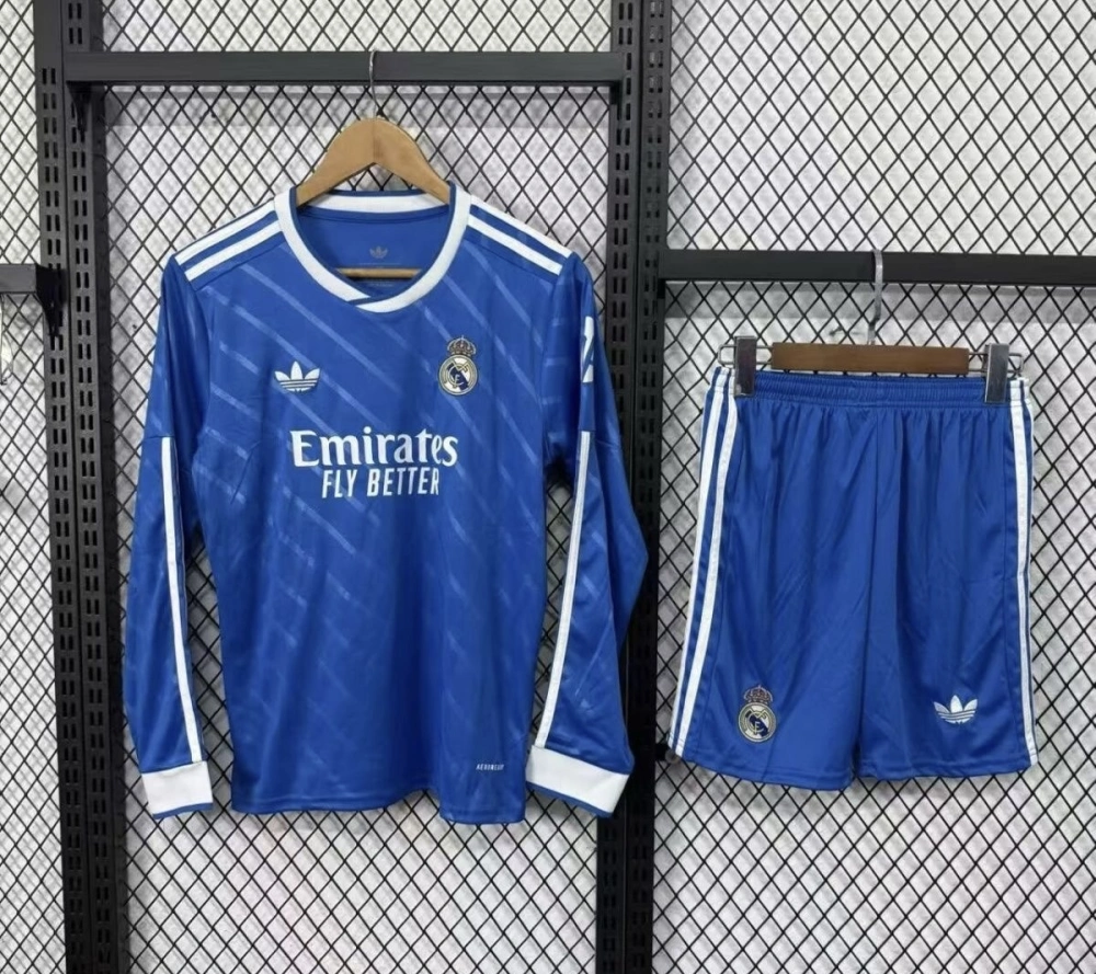 Real Madrid Soccer Jersey Third Away Long Sleeve Kids Kit Jersey+Shorts 2025/26