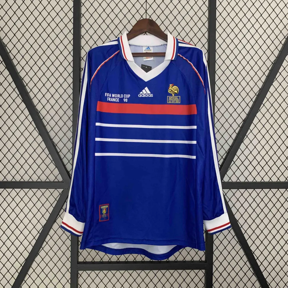 France Retro Soccer Jersey Home Long Sleeve Custom Shirt World Cup 1998