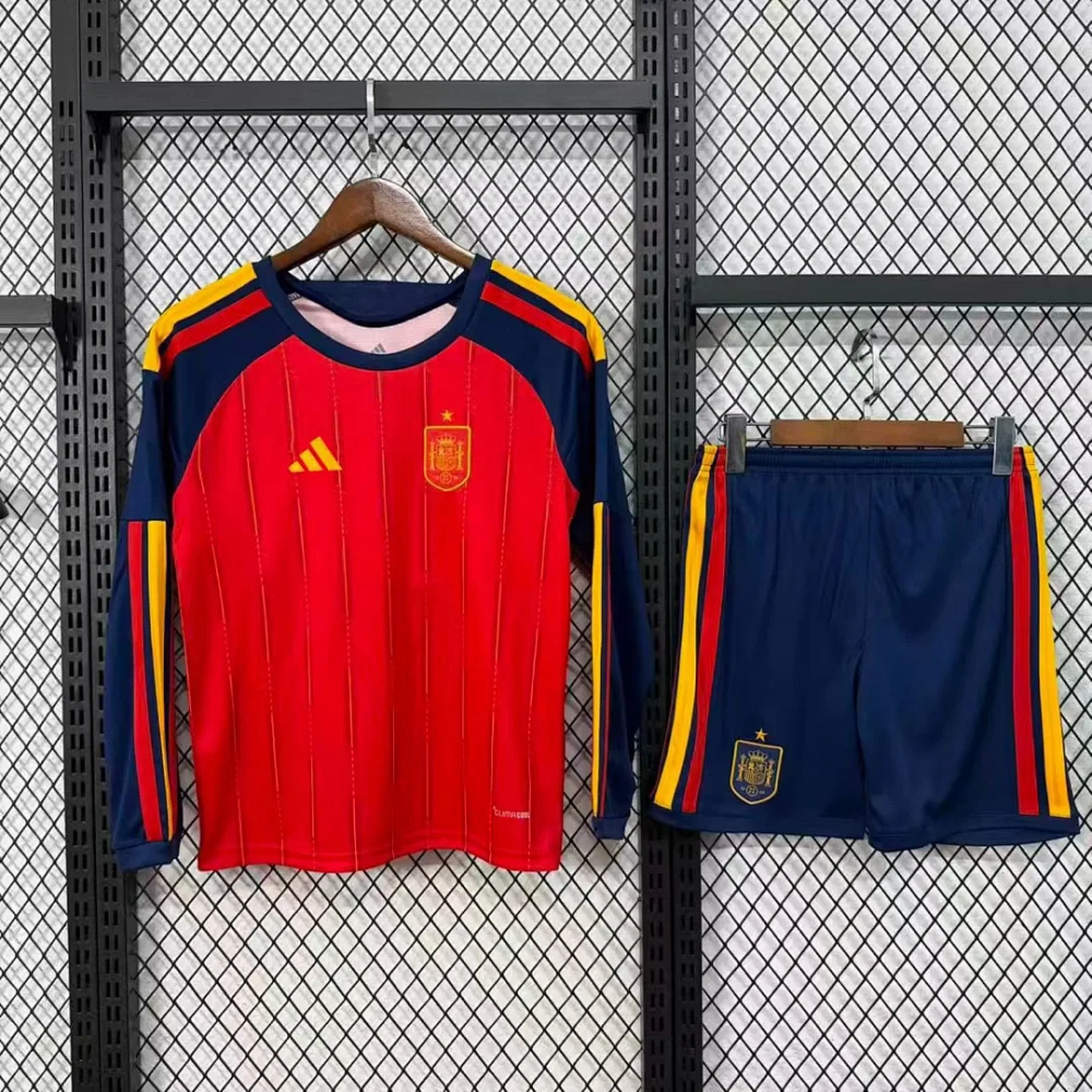 Spain Soccer Jersey Home Kids Kit Long Sleeve Jersey+Shorts World Cup 2026