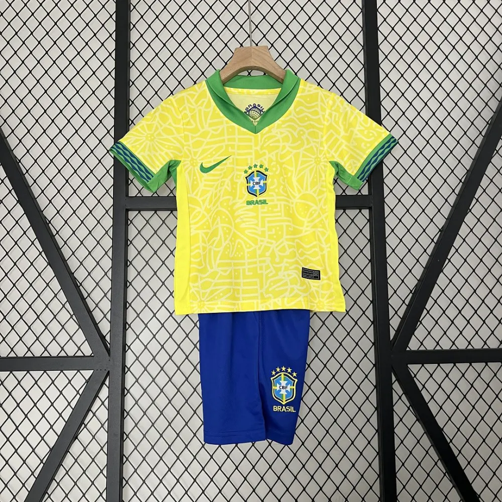 Brazil Home Soccer Uniform Kids Kit Jersey+Shorts Copa America 2024