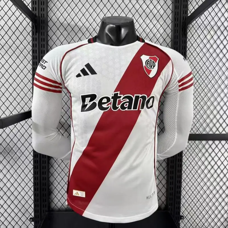 River Plate Authentic Soccer Jersey Home Long Sleeve Shirt 2025/26 - With Sponsors