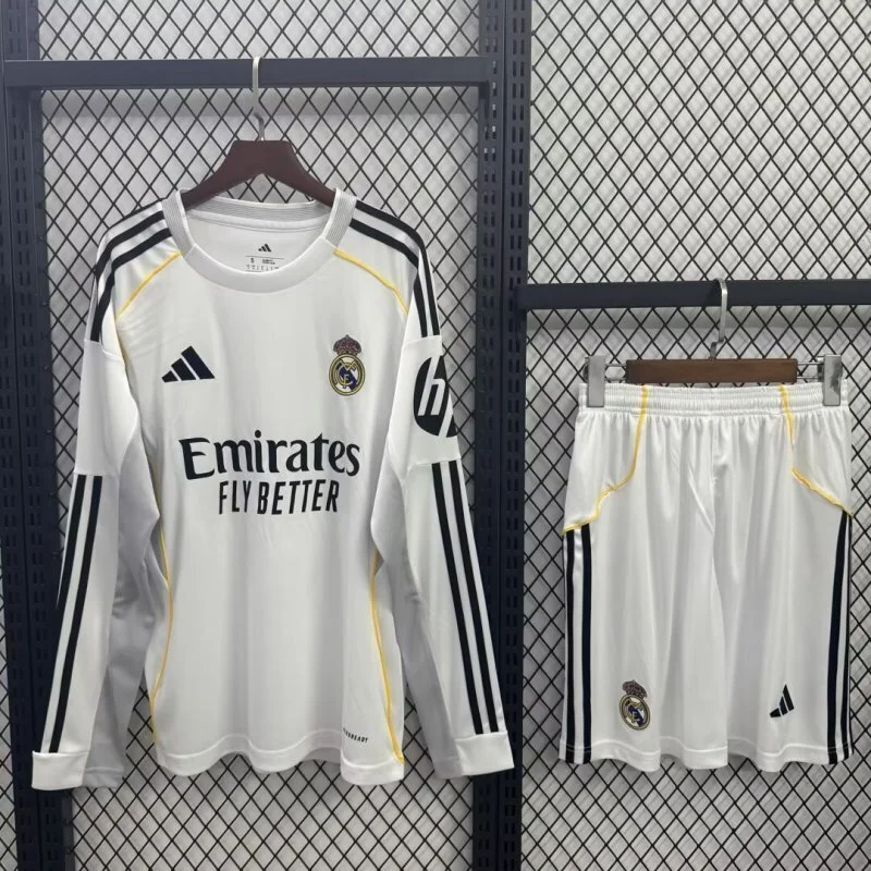 Real Madrid Soccer Jersey Home Kids Kit Long Sleeve Jersey+Shorts 2025/26
