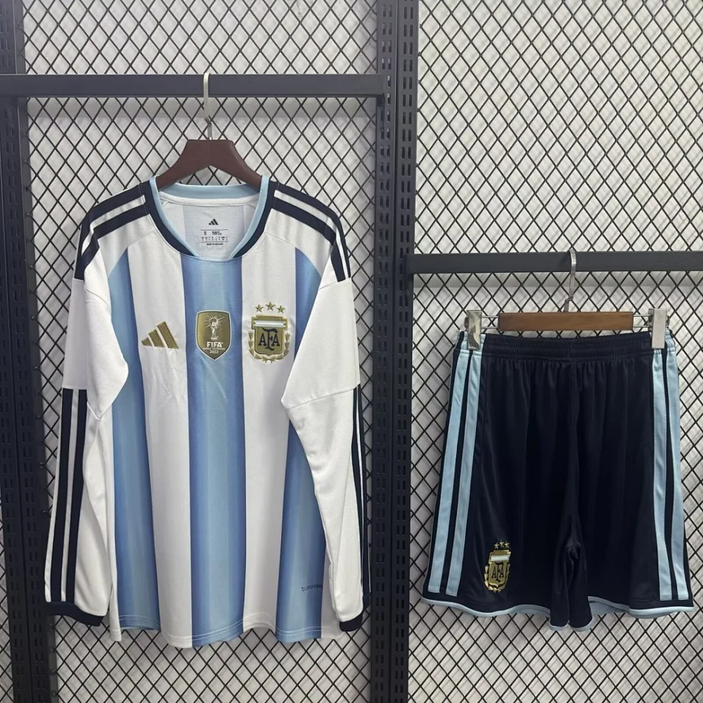Argentina Home Soccer Uniform Kids Long Sleeve Kit Jersey+Shorts World Cup 2026