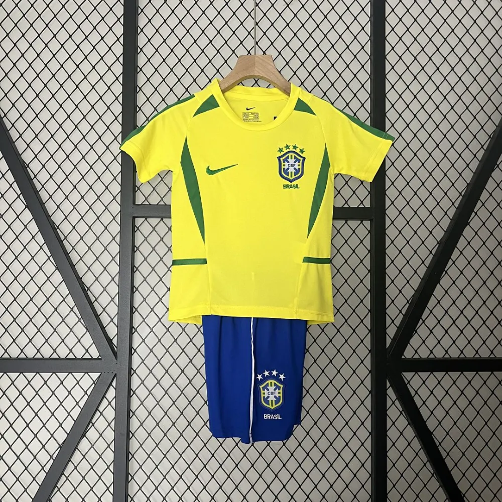 Brazil Retro Jersey Home Uniform Kids Kit Jersey+Shorts World Cup 2002