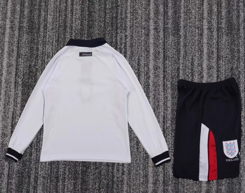 England Retro Soccer Jersey Home Kids Kit Jersey+Shorts Long Sleeve World Cup 1998