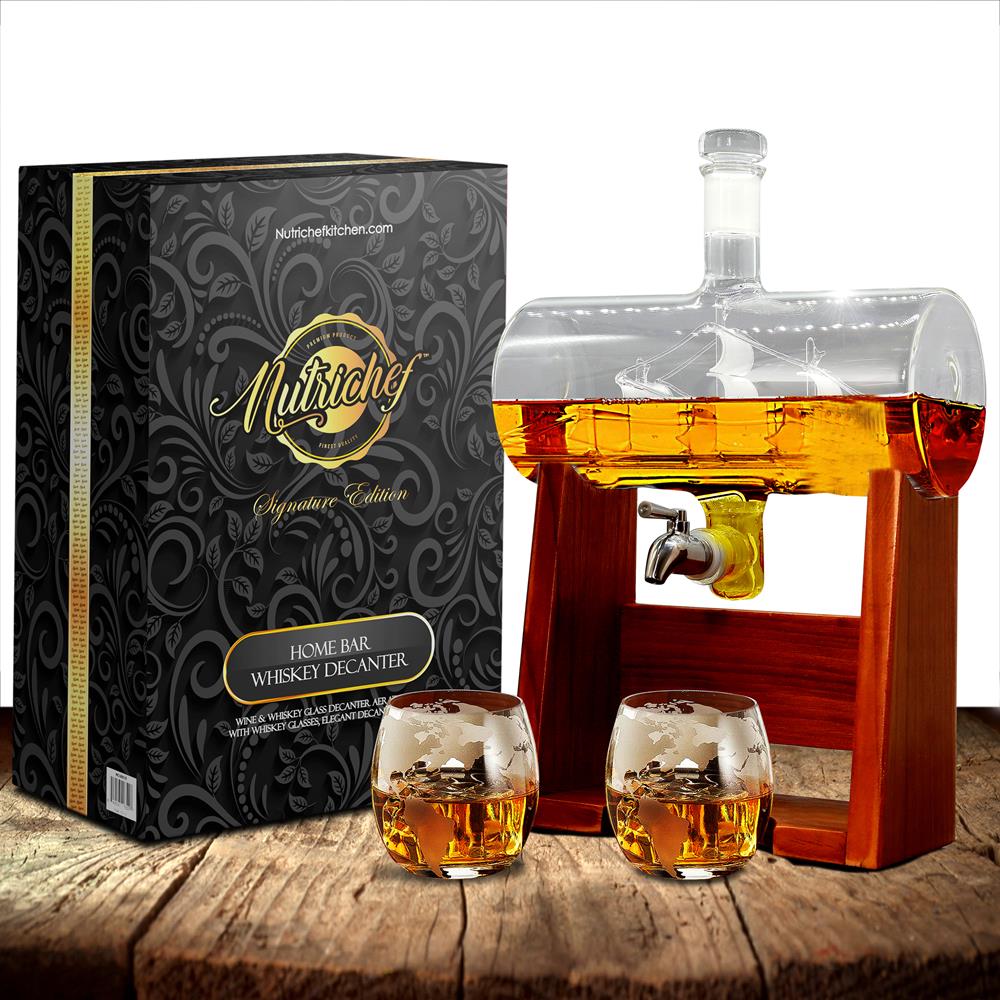 Home Bar Whiskey Decanter - Wine & Whiskey Glass Decanter Aerator Set With Whiskey Glasses, Elegant Decanter Design