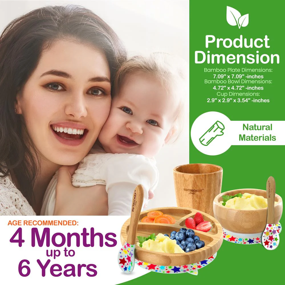 Stars Bamboo Dinnerware Set With Silicone Suction For Kids