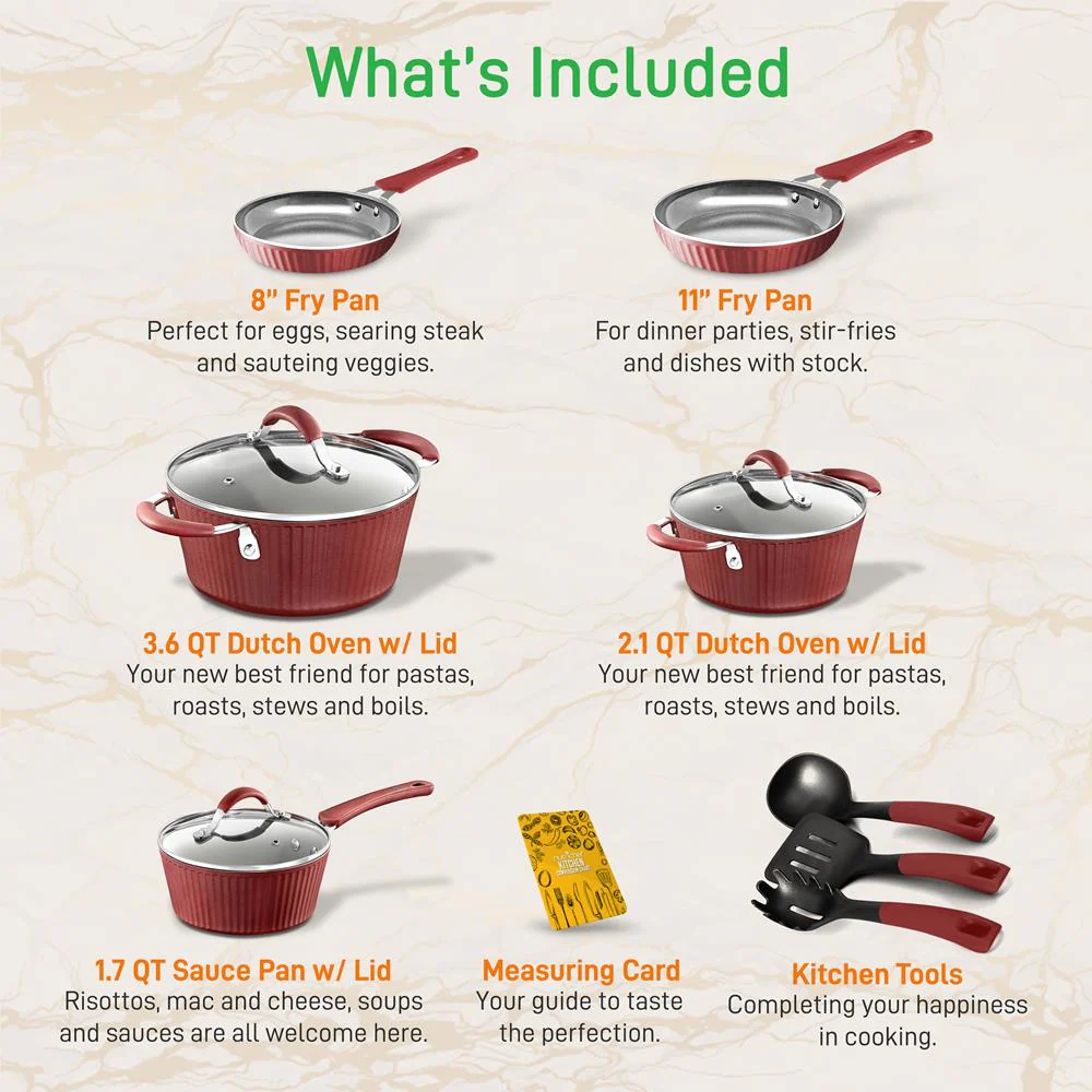 Kitchenware Pots & Pans - Stylish Kitchen Cookware Set With Elegant Lines Pattern, Gray Inside & Red Outside, Non-Stick, Metal + Silicone Handle (11-Piece Set)
