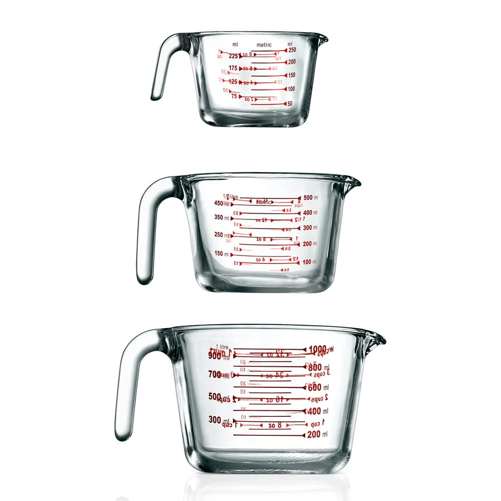 3 Pcs. High Borosilicate Glass Measuring Cup With Customized Decal Scale, 250 Ml, 500Ml, And 1000Ml
