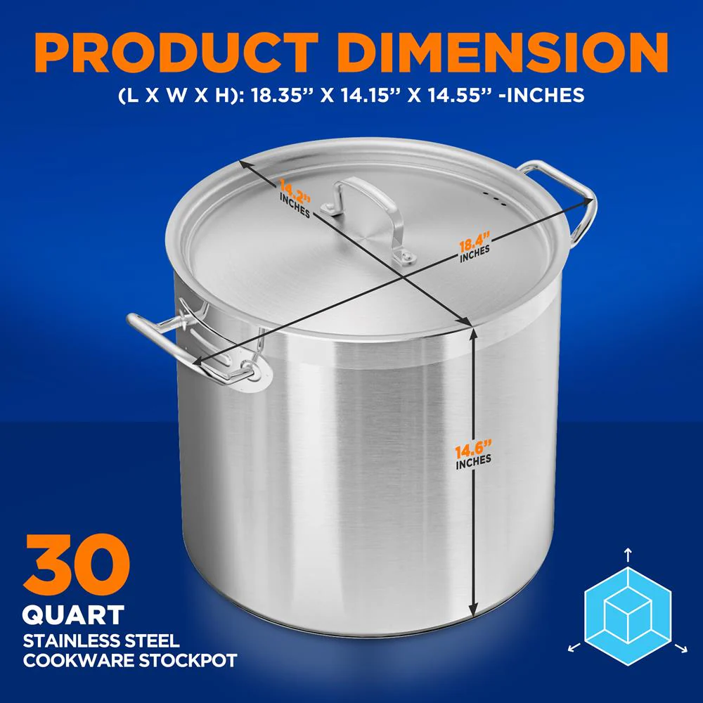 Stainless Steel Cookware Stockpot - 30 Quart, Heavy Duty Induction Pot, Soup Pot With Stainless Steel Lid