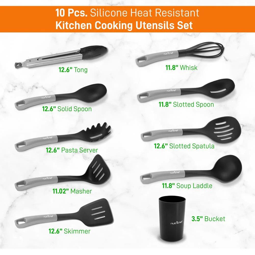 10 Pcs. Silicone Heat Resistant Kitchen Cooking Utensils Set - Non-Stick Baking Tools With Pp Holder (Silver & Black)